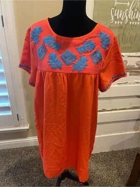 Umgee Orange Short-Sleeve Tunic with Blue Accent